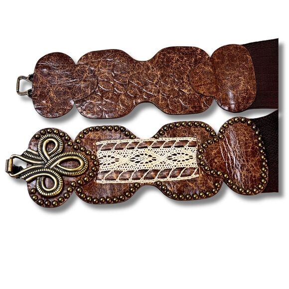 Leatherock USA 7267 Wide Stretch Waist Belt Brown Leather Bronze Buckle Boho L - Picture 11 of 16